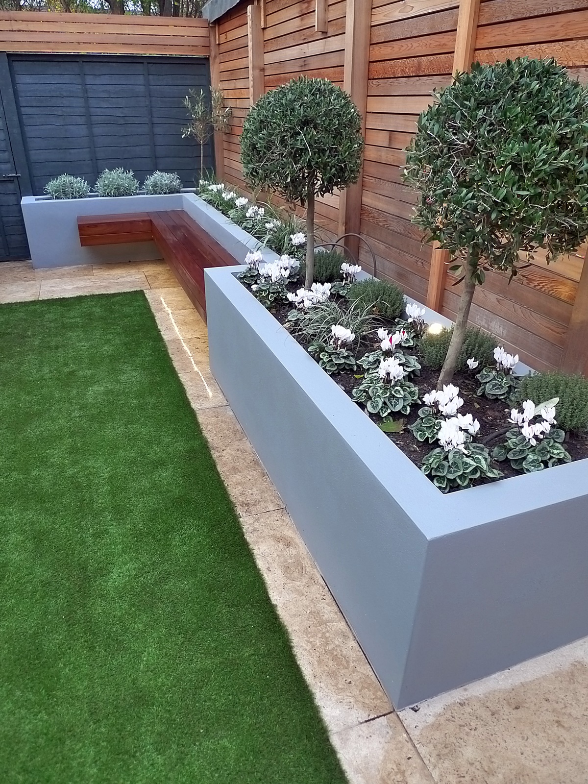 modern garden design small london cedar screen grey raised bed
