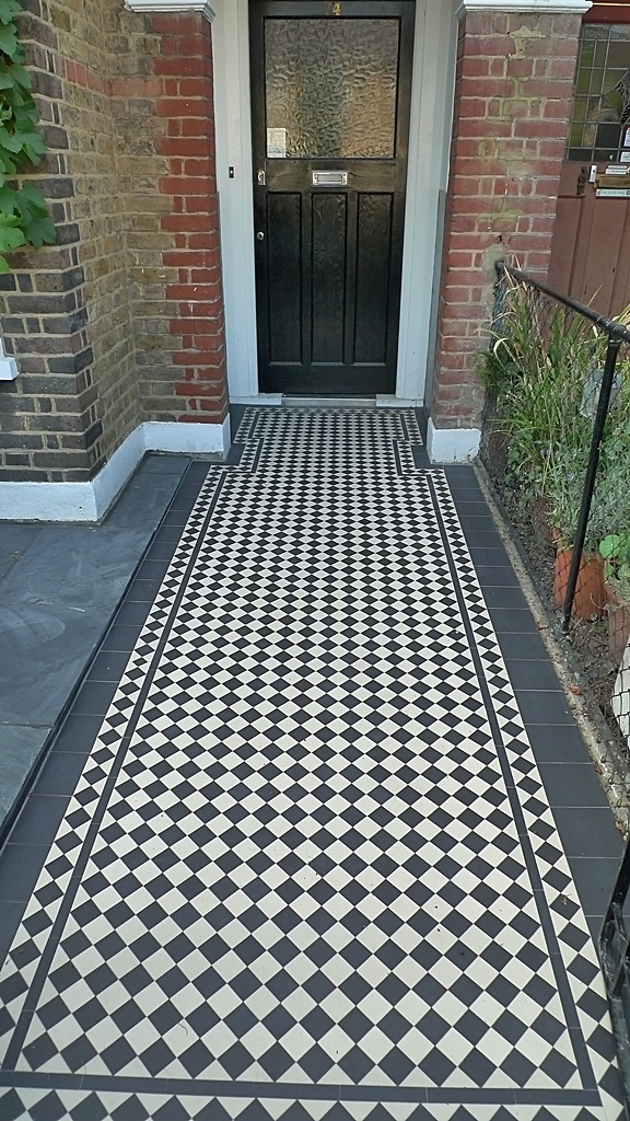 victorian mosaic tile path black and white with slate paving