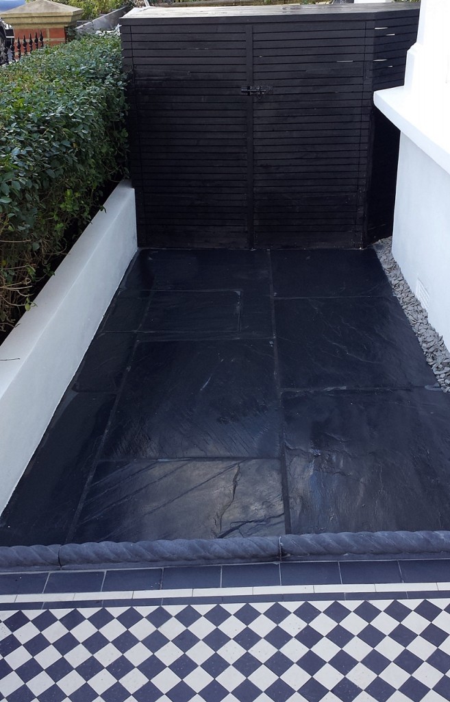 slate paving aptio front garden with rope edge tiles black and white victorian mosaic tile path london