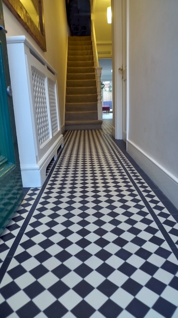 victorian black and white mosaic tile hallway with diamond border London