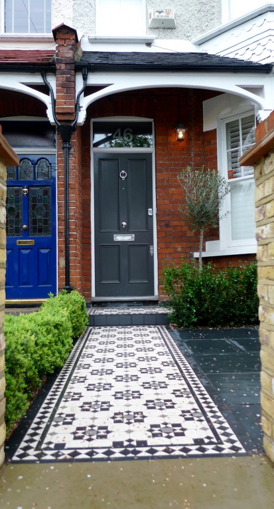 Classic victorian mosaic tile path and porch in cornwall pattern wimbledon York stone london