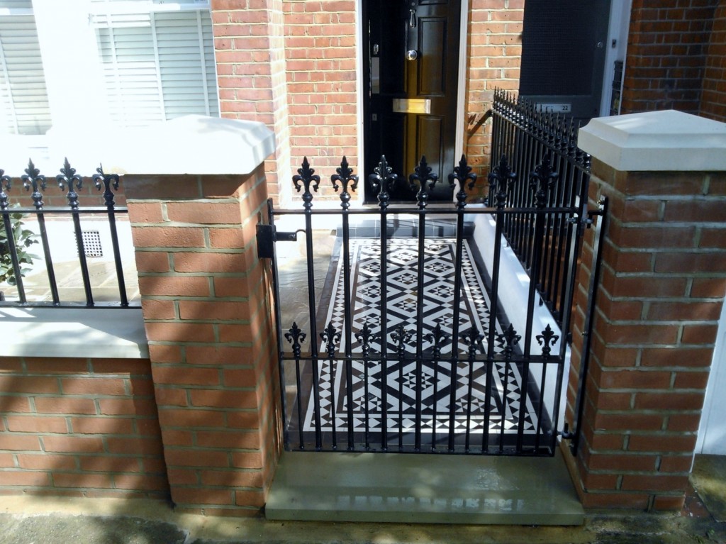 black and white victorian mosaic tile path red brick garden wall wrought iron rail and gate bespoke bin store london (2)