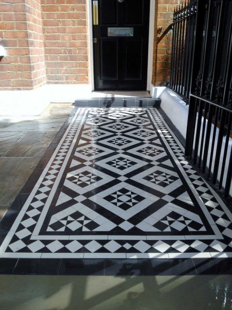 black and white victorian mosaic tile path red brick garden wall wrought iron rail and gate bespoke bin store london (8)