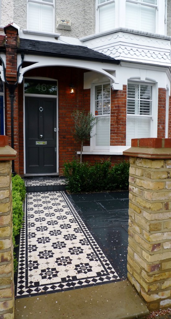 cornwall pattern london mosaic path with yorkstone bull nose step and slate paving with new brick wall wimbledon