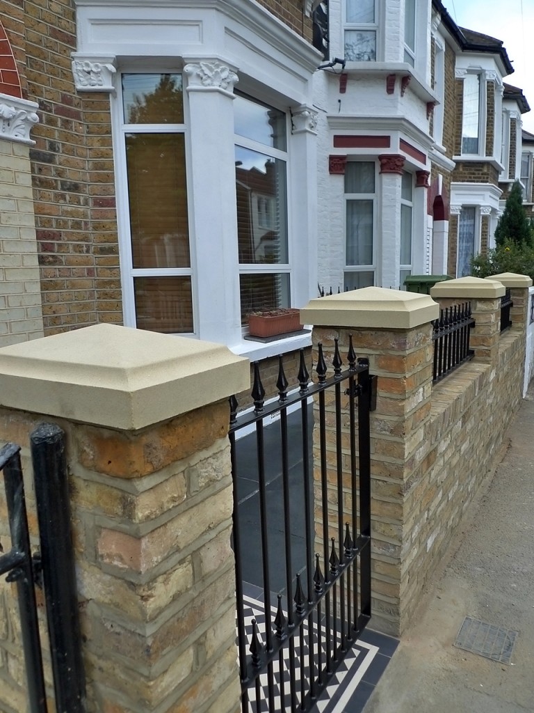 victorian front garden design london stock second hand reclaimed brick wall and natural stone cap wall with metal wrought iron rail and gate