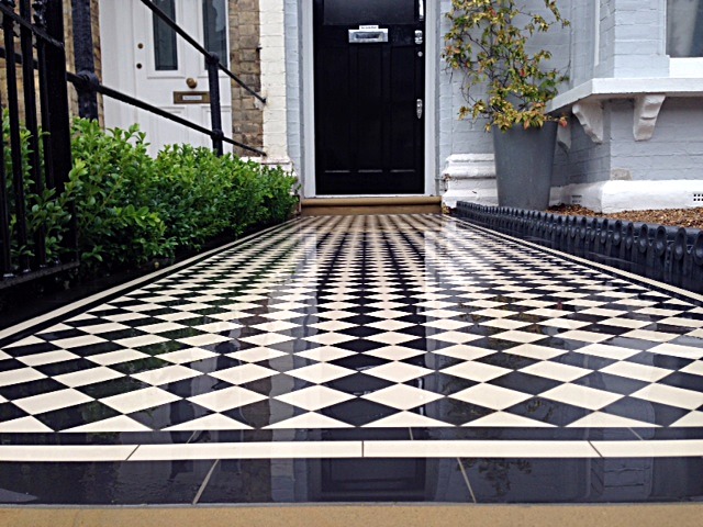 balham black and white victorian mosaic tile path sandstone paving yellow brick london wall and imperial metal iron gate (3)