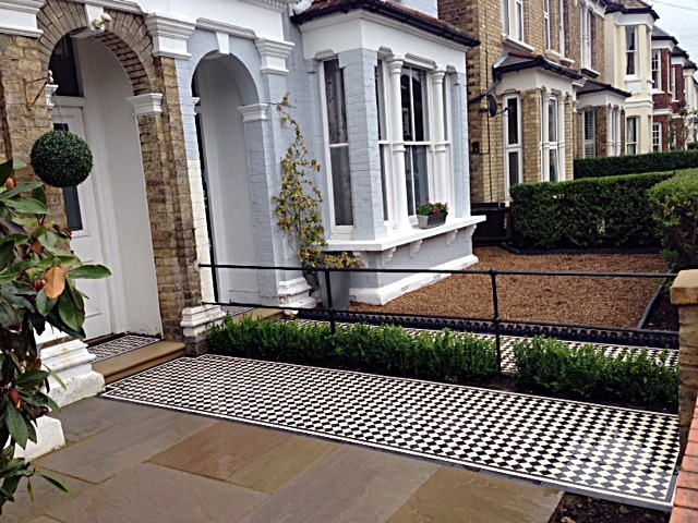 balham black and white victorian mosaic tile path sandstone paving yellow brick london wall and imperial metal iron gate (4)