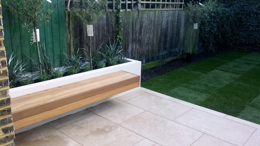 grey limestone patio paving raised beds floating hardwood bench clapham london (6)