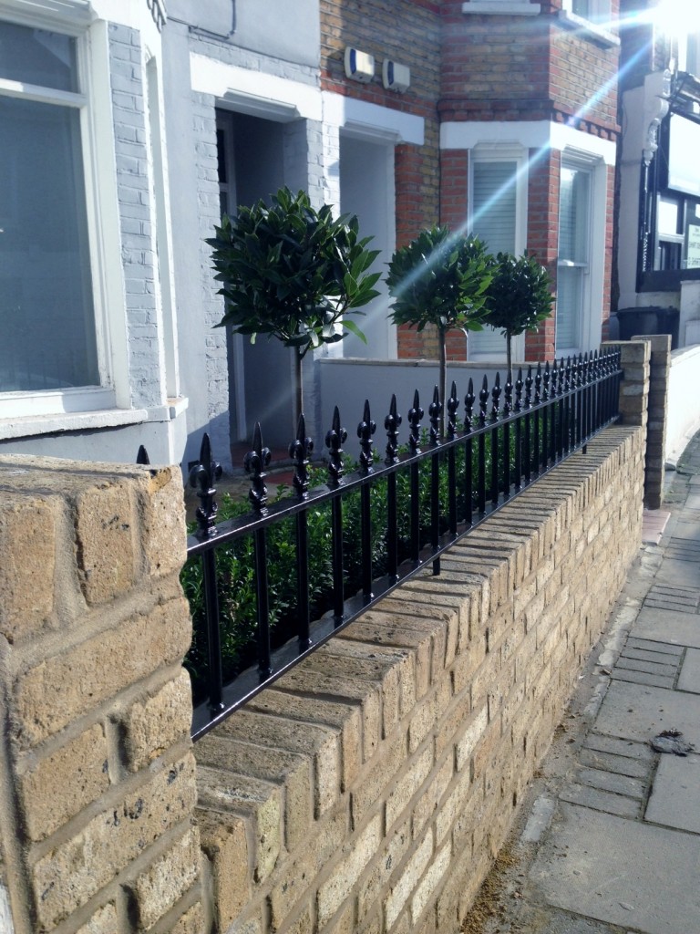 Yellow brick garden wall metal rail and gate bay and buxus topiary Clapham Battersea Balham London (13)