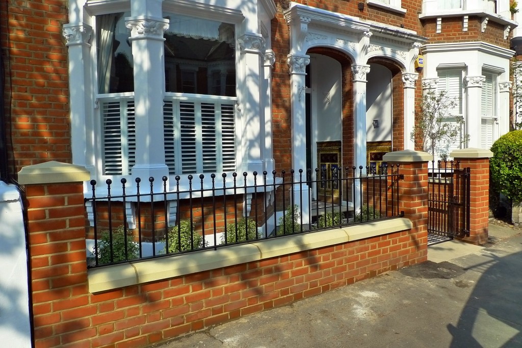 clapham balham Victorian front garden mosaic tile path red brick wall black paving metal wrought iron gate and rail london (3)
