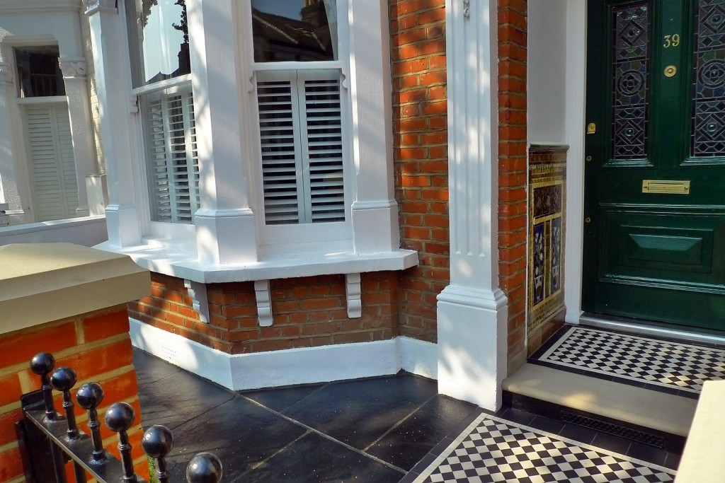 clapham balham Victorian front garden mosaic tile path red brick wall black paving metal wrought iron gate and rail london (9)