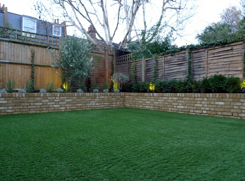Yellow brick raised bed walls artificial fake easy grass lawn mixed planting herne hill dulwich london (15)
