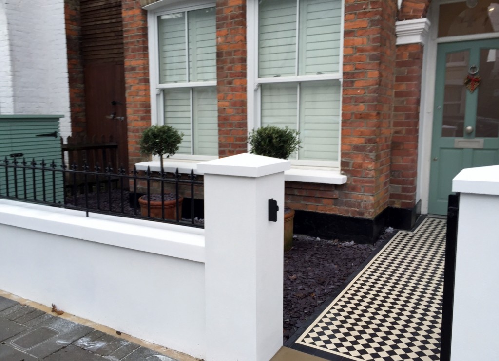 victorian front garden company walls rails black and white mosaic tile path bespoke bin store olive tree topiary plants balham clapham battersea london (10)