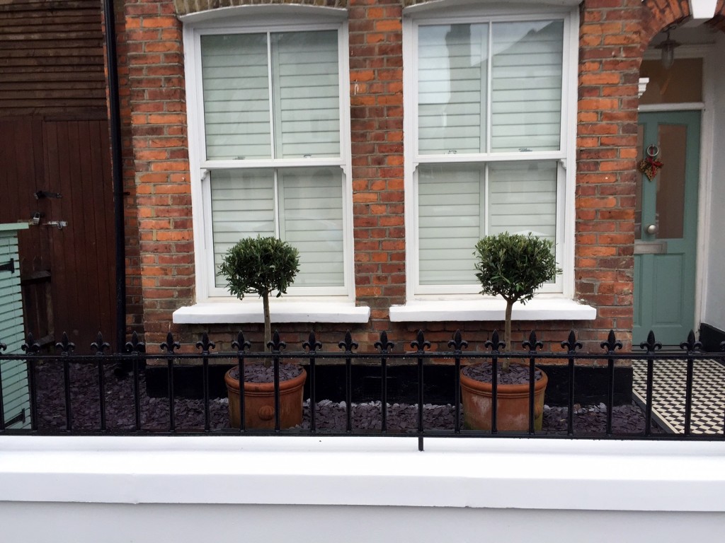 victorian front garden company walls rails black and white mosaic tile path bespoke bin store olive tree topiary plants balham clapham battersea london (11)