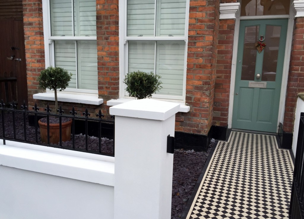 victorian front garden company walls rails black and white mosaic tile path bespoke bin store olive tree topiary plants balham clapham battersea london (13)