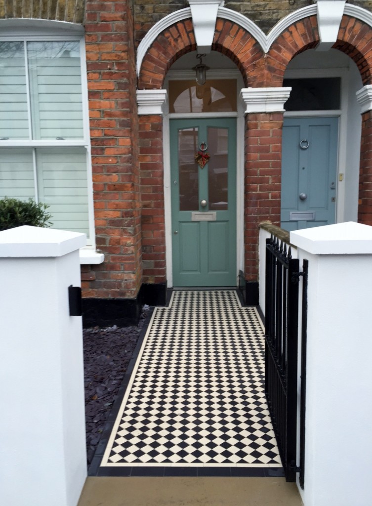 victorian front garden company walls rails black and white mosaic tile path bespoke bin store olive tree topiary plants balham clapham battersea london (15)