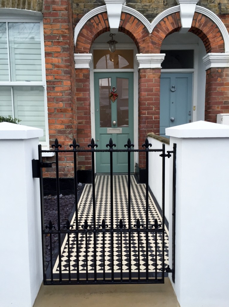 victorian front garden company walls rails black and white mosaic tile path bespoke bin store olive tree topiary plants balham clapham battersea london (16)