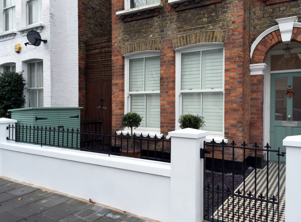 victorian front garden company walls rails black and white mosaic tile path bespoke bin store olive tree topiary plants balham clapham battersea london (1)