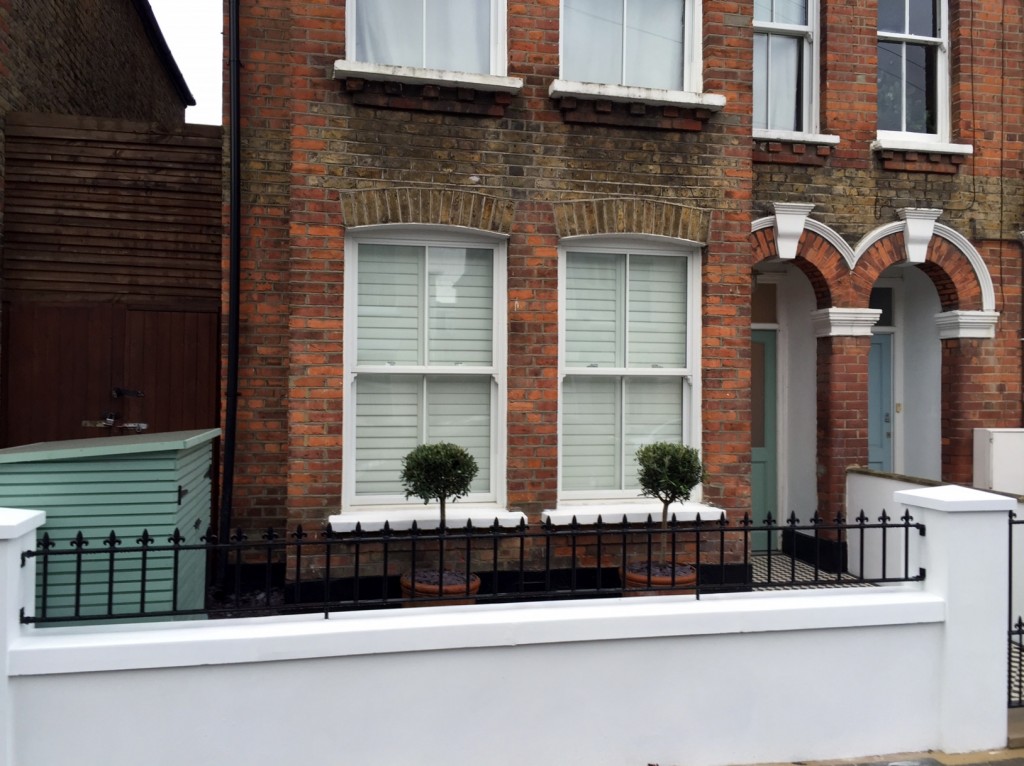 victorian front garden company walls rails black and white mosaic tile path bespoke bin store olive tree topiary plants balham clapham battersea london (2)
