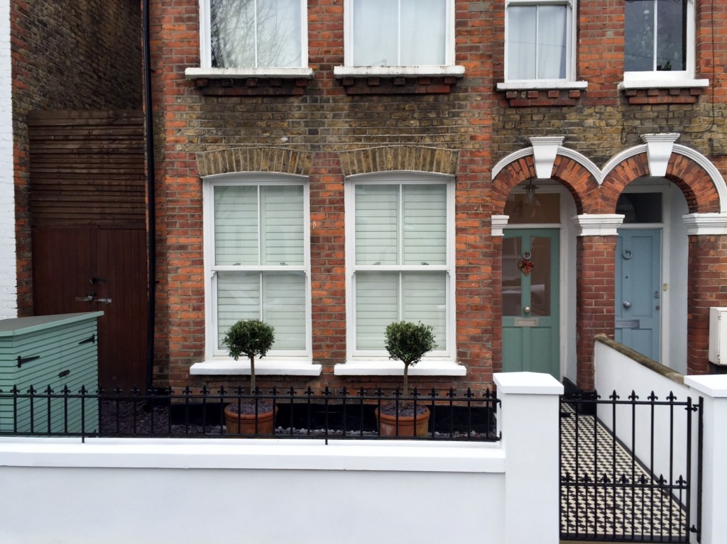 victorian front garden company walls rails black and white mosaic tile path bespoke bin store olive tree topiary plants balham clapham battersea london (4)