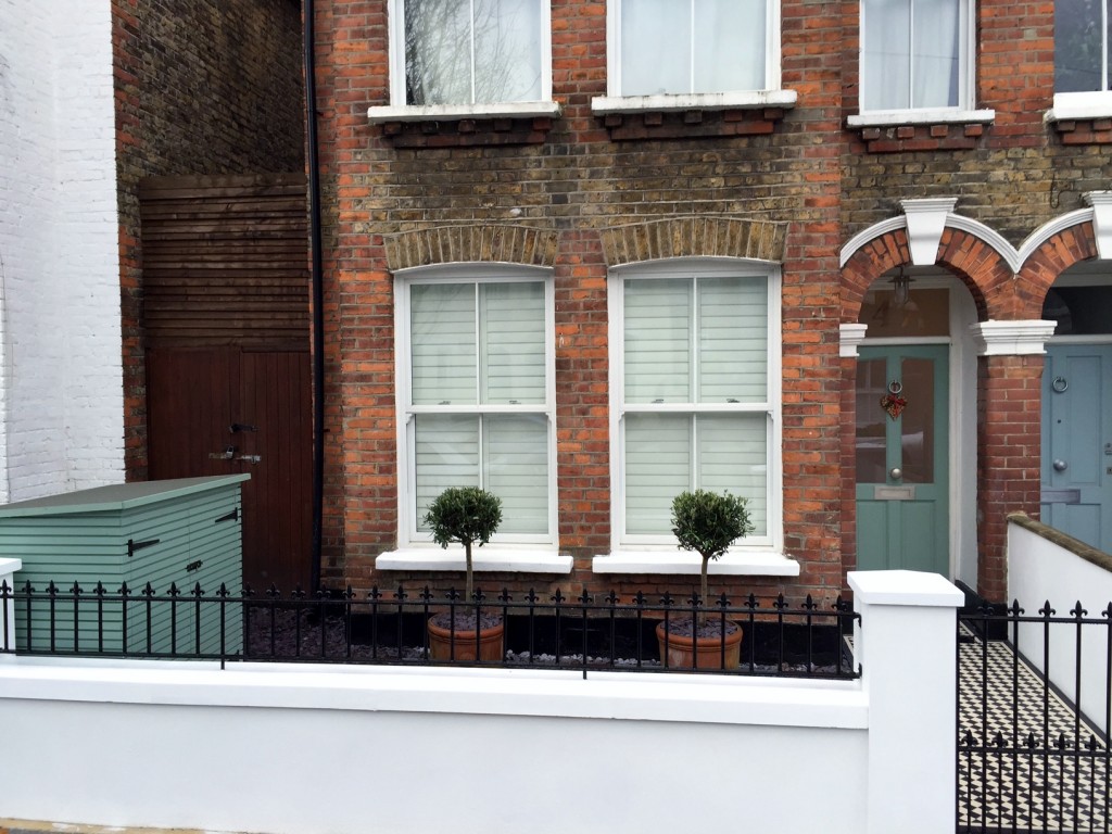 victorian front garden company walls rails black and white mosaic tile path bespoke bin store olive tree topiary plants balham clapham battersea london (5)