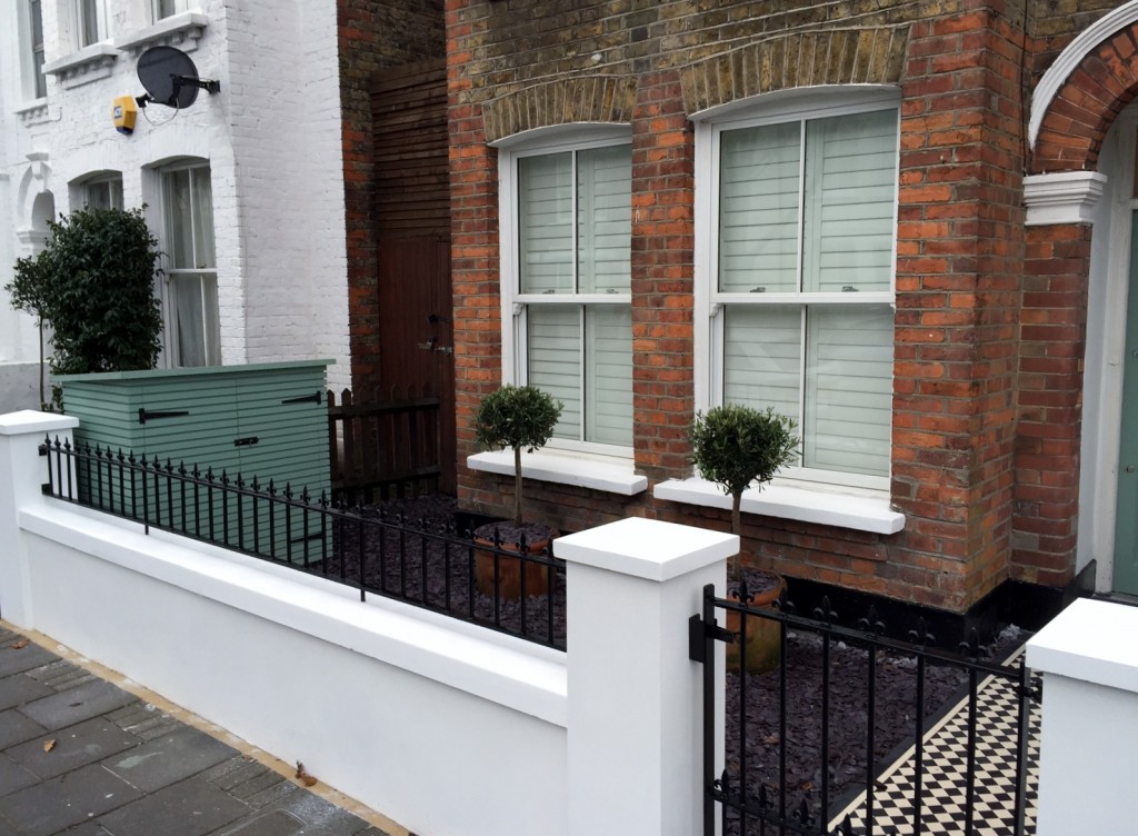 victorian front garden company walls rails black and white mosaic tile path bespoke bin store olive tree topiary plants balham clapham battersea london (6)