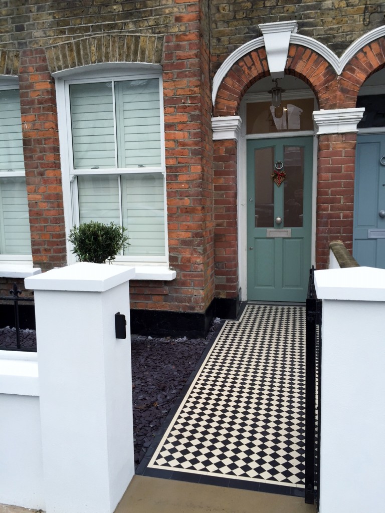 victorian front garden company walls rails black and white mosaic tile path bespoke bin store olive tree topiary plants balham clapham battersea london (9)