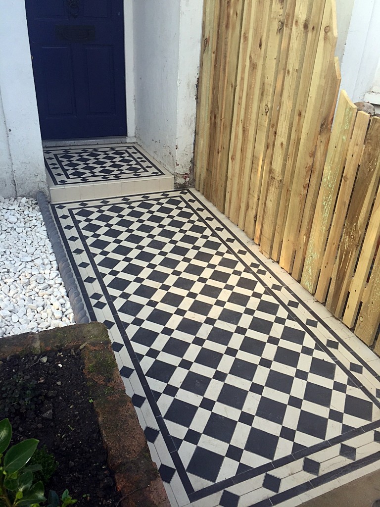 black and white mosaic tile path london front garden company london