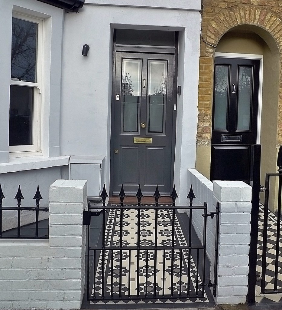Multi colour Victorian mosaic formal design modern London Wandsworth Balham Clapham metal gate rail