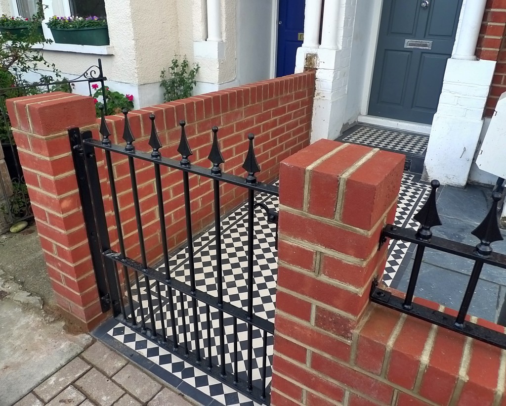 Victorian front garden black and white mosaic fence formal tile path London brick red iron Battersea London Earsfield Balham