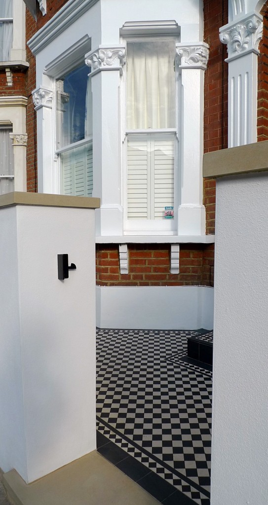 black and white victorian mosaic yorkstone render block wall wrought metal rail and gate dulwich london