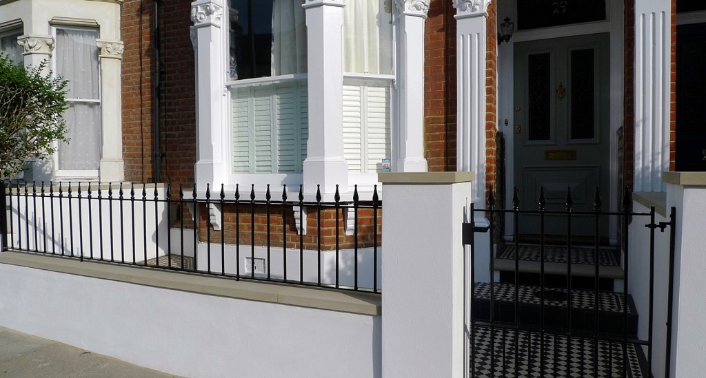 black and white victorian mosaic yorkstone render block wall wrought metal rail and gate pimlico london