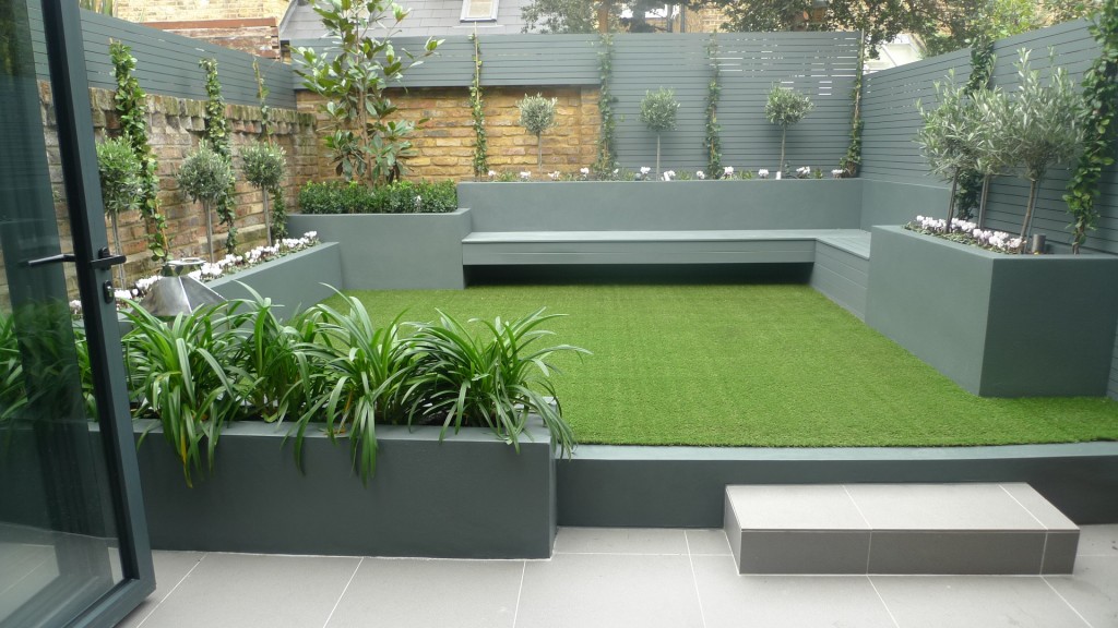 modern small low maintenance garden fake grass grey raised beds contemporary planting marylebone london