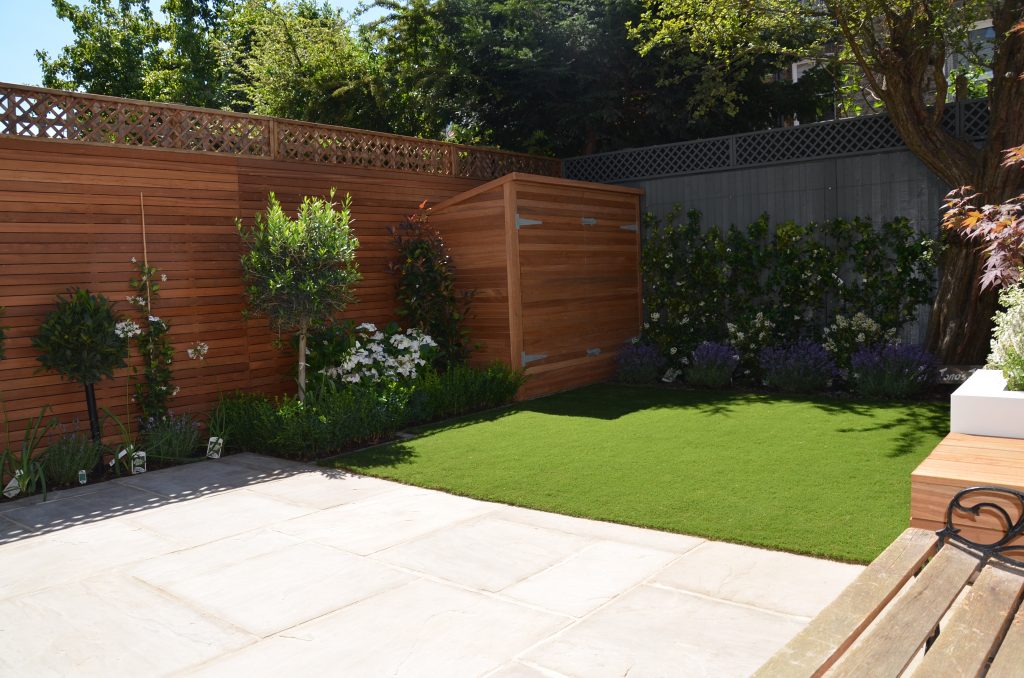 modern small garden design london designer hardwood screen bench